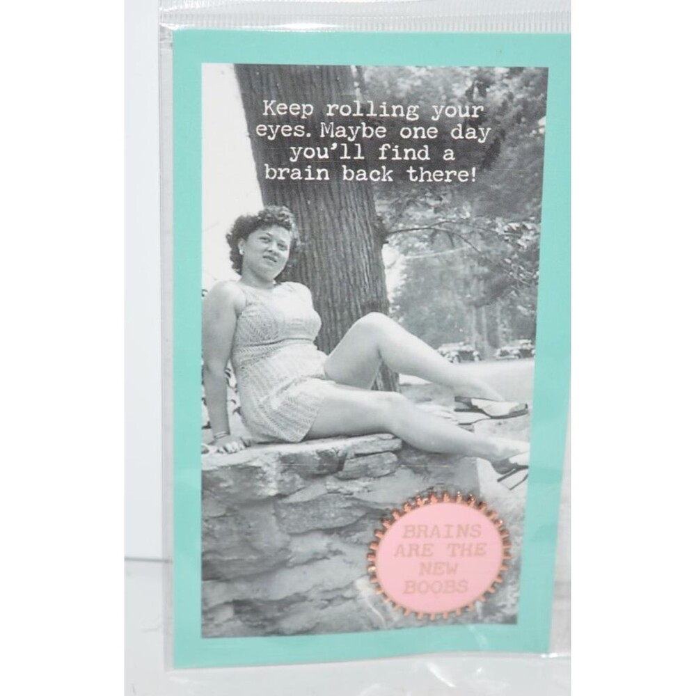 New TRASH TALK by ANNIE Card with stick pin Funny gift Brains are the new boobs